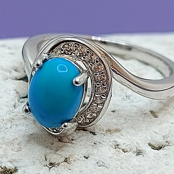 Natural Oval Blue Turquoise 8x6mm & Cz 925 Sterling Silver Ring Size 6 - Picture 3 of 10